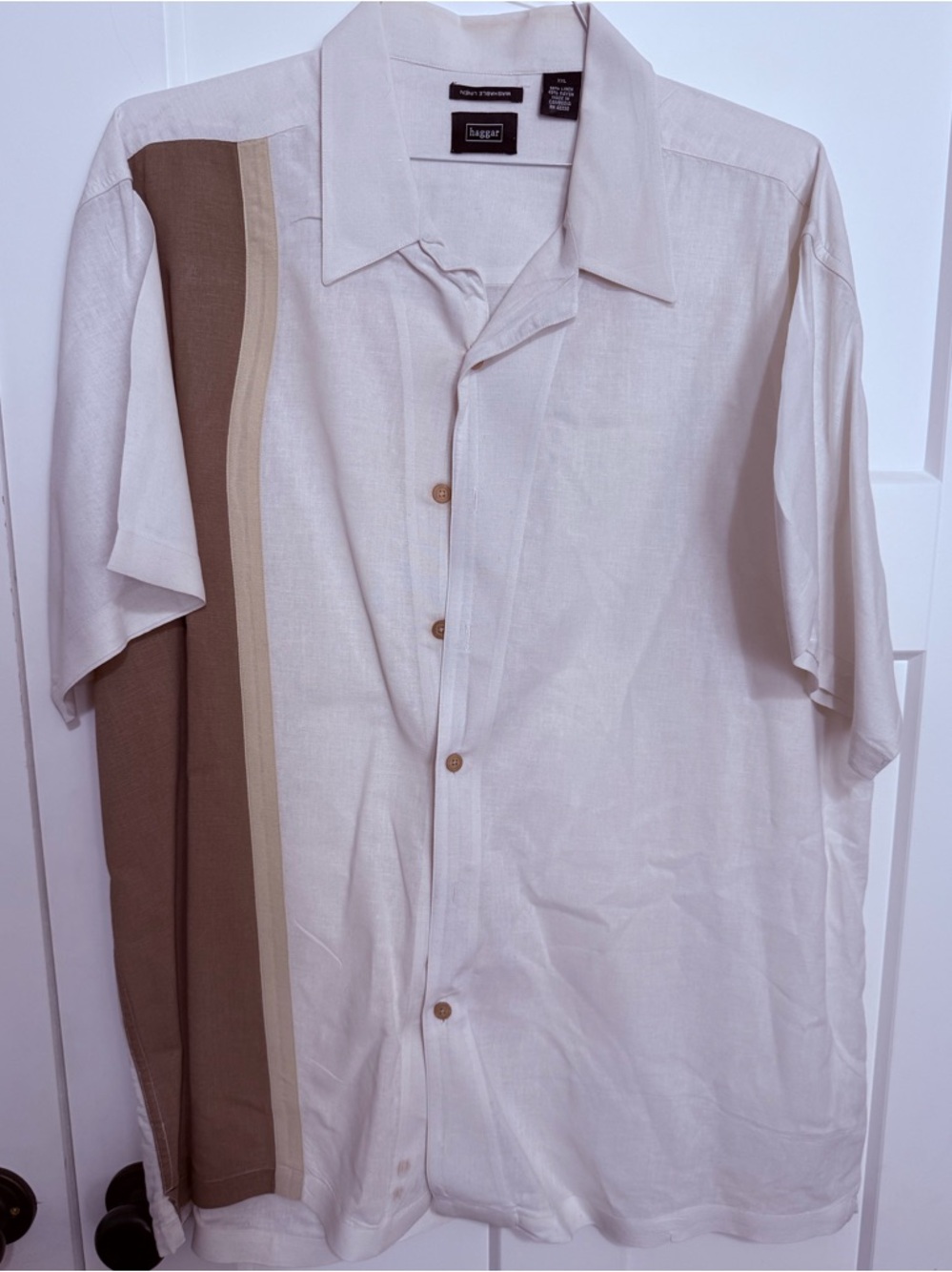 Haggar Short Sleeve Button-Down Shirt in Cream with Brown Stripe Panel